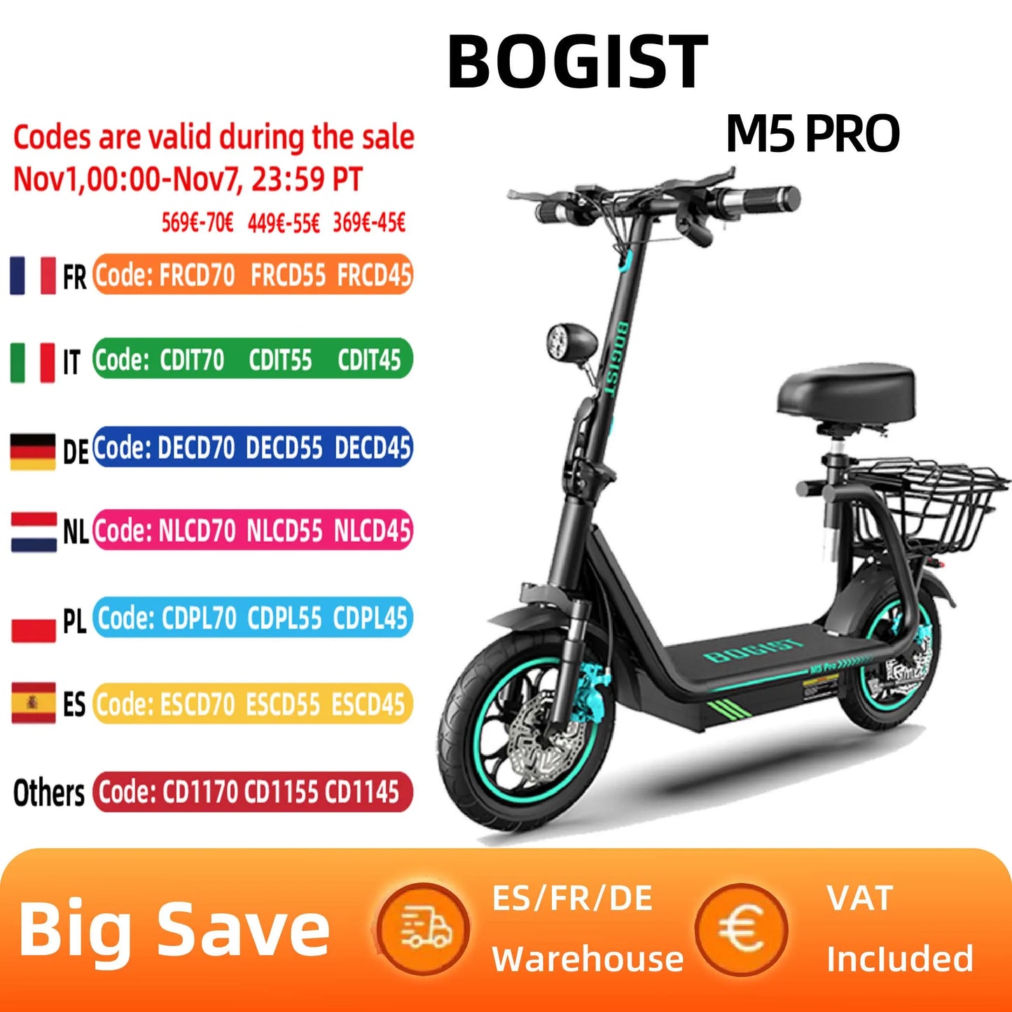 Bogist-M5 Pro Electric Scooter with Storage Basket, Inflatable Wheels, Front Shock Absorber, 500W, 48V, 15Ah, 12 Inch, New Upgra.