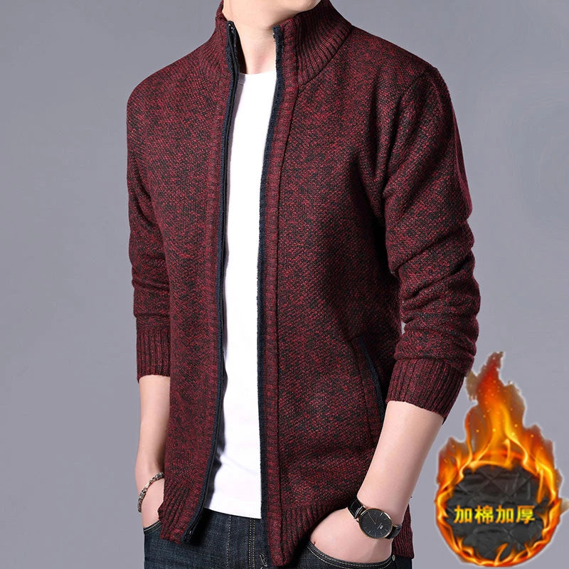 New Men's Casual High Collar Long Sleeve Knitted Top with Velvet Warmth for Autumn and Winter Fashion Multi Functional Jacket.