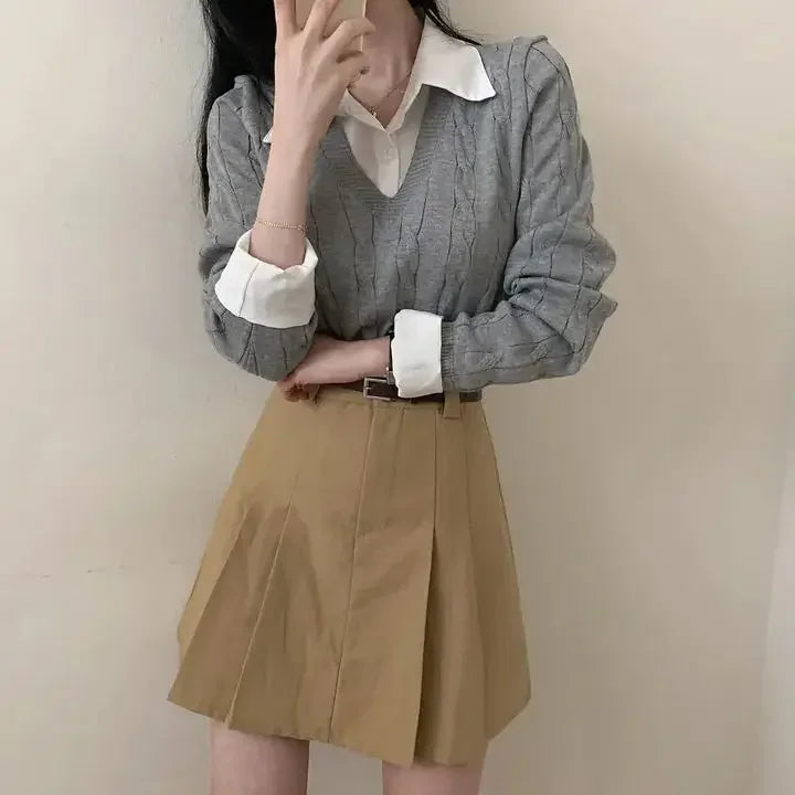 Mode Winter Gestrickte Pullover Frauen Casual V-ausschnitt Pullover Alle-spiel Weibliche Kleidung Lose Gefälschte Zwei Artikel Kurze Tops Jumper.