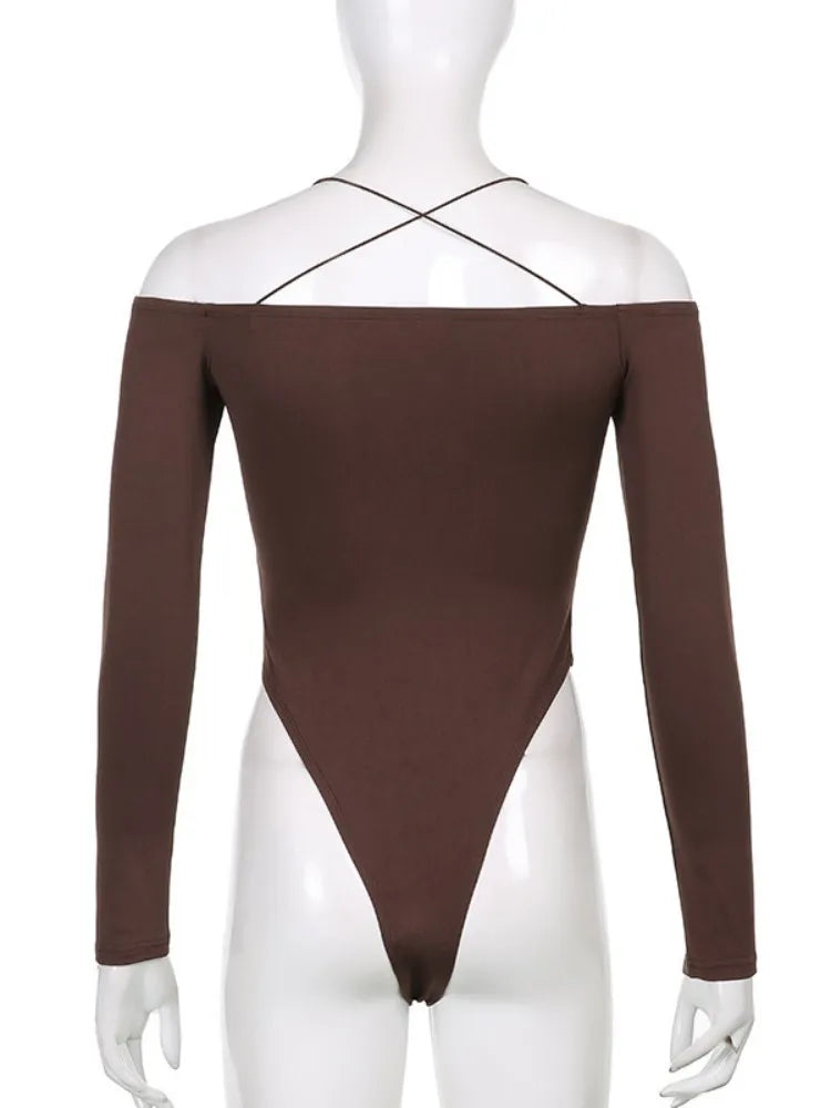 Sexy Bodysuit Y2K Long Sleeve Off Shoulder Strap Suspenders Backless Jumpsuits Party Clubwear Bodycon Casual Body Tops Women.