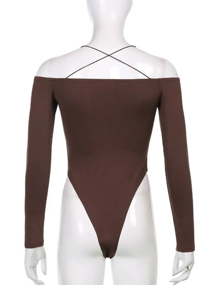 Sexy Bodysuit Y2K Long Sleeve Off Shoulder Strap Suspenders Backless Jumpsuits Party Clubwear Bodycon Casual Body Tops Women.