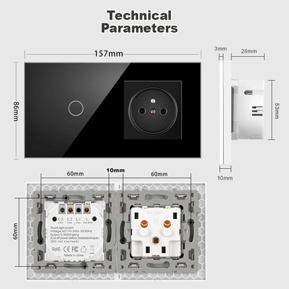JHJCH Touch Lichtschalter Frankreich Steckdosen USB C Telefon Ladung Kristallglas 1/2/3Gang Wandschalter Doppelsteckdosen Schwarz.
