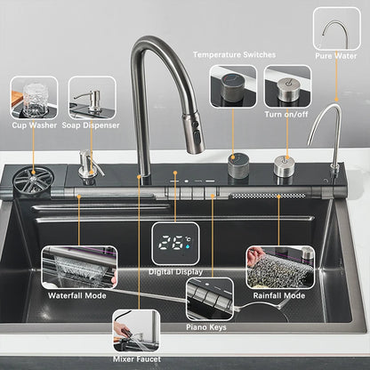 304 Stainless Steel  Multifunctional Kitchen Sink Faucet Set Rainfall Spout Pull Out Sprayer Pure Tap Cold Hot Water Mixer