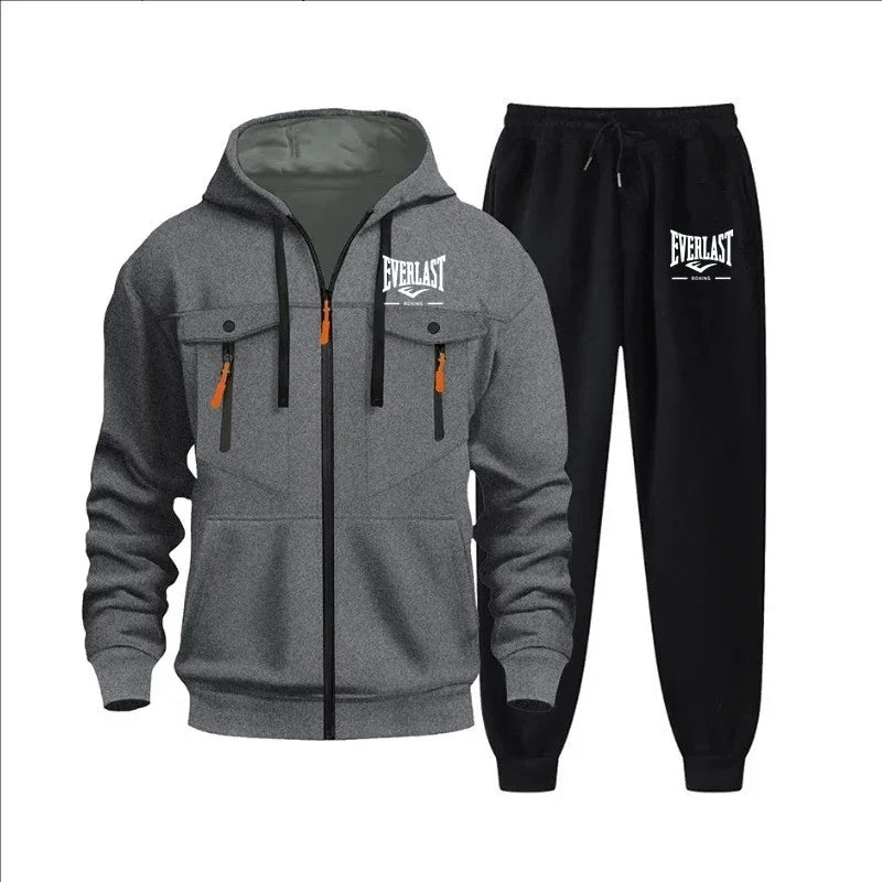 Autumn and winter new men's sweatshirt sport set, fashionable windproof and warm men's zipper hoodie and pants 2-piece set.