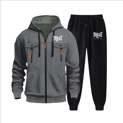 Autumn and winter new men's sweatshirt sport set, fashionable windproof and warm men's zipper hoodie and pants 2-piece set.