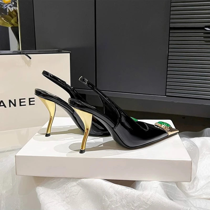 Iron Head Fashion Heterosexual Red High Heels Fox Head Jewel Decoration New Plus Size Banquet Shoes Women's High Heel Sandals.