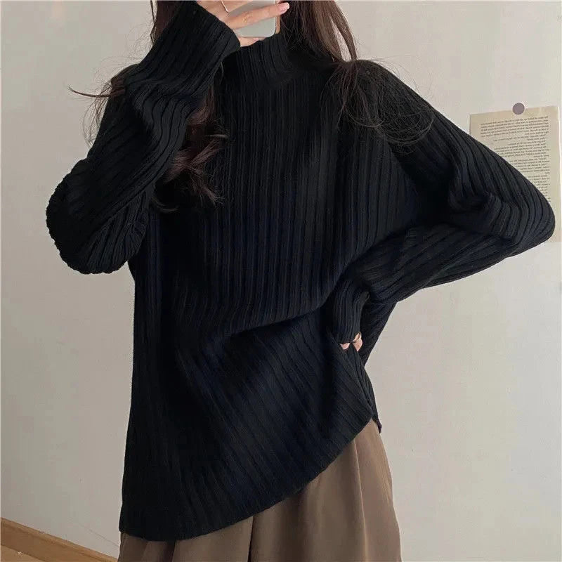 Rollkragen Gestrickte Pullover Frauen Herbst Winter Mode Lose Lange Hülse Alle Spiel Pullover Pullover Solide Büro Dame Jumper