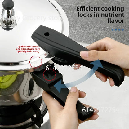 Stainless steel pressure cooker, stove compatible, used for safe cooking, canning, and stewing.