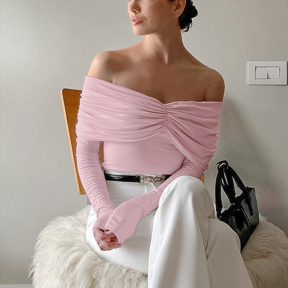 Talenza Sexy Ruched Top Women's One-Shoulder Long Sleeve Backless Solid Pullover Top Summer Female Office Lady Casual Top Women.