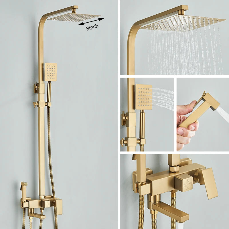 4 in 1 Gold Brushed Shower System Rainfall Shower Hot Cold Water Mixer With Bidet Faucet Bath Shower Faucet For Bathroom
