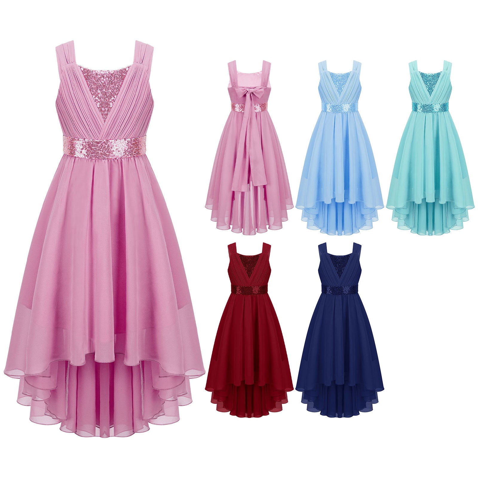 Kinder Blumenmädchenkleid Ärmellos Pailletten Hi-Low-Saum Abendkleid Elegantes Chiffon Prinzessin Geburtstag Formales Hochzeitskleid.
