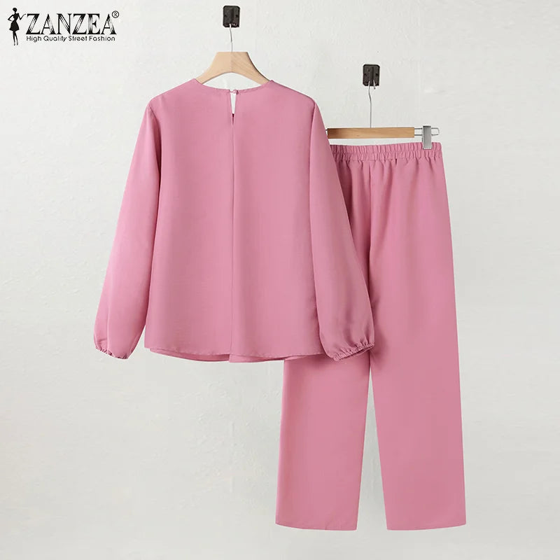 ZANZEA Women Elastic Waist Trouser 2pcs Tracksuit Muslim Fashion Long Sleeve Ruffles Tops Turkey Pant Sets Elegant Matching Sets.