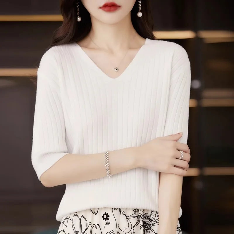 Frauen Pullover Frühling Sommer Kurzarm V-ausschnitt Strick Hemd Casual Koreanische Pullover Streifen Bodenbildung Shirt Slim Fit Jumper.