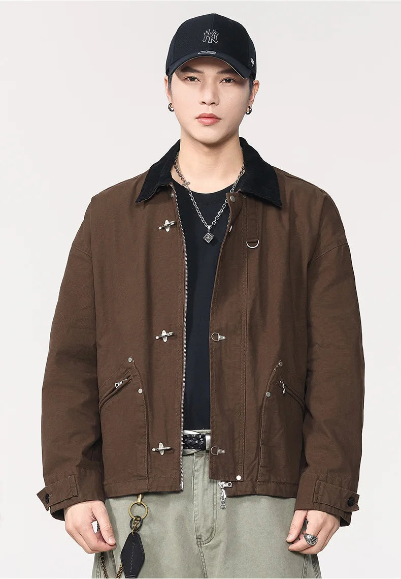 Men Washed Cotton Metal Buckle Streetwear Vintage Loose Casual Short Bomber Cargo Jacket Couple Spring Autumn Coat Outerwear.