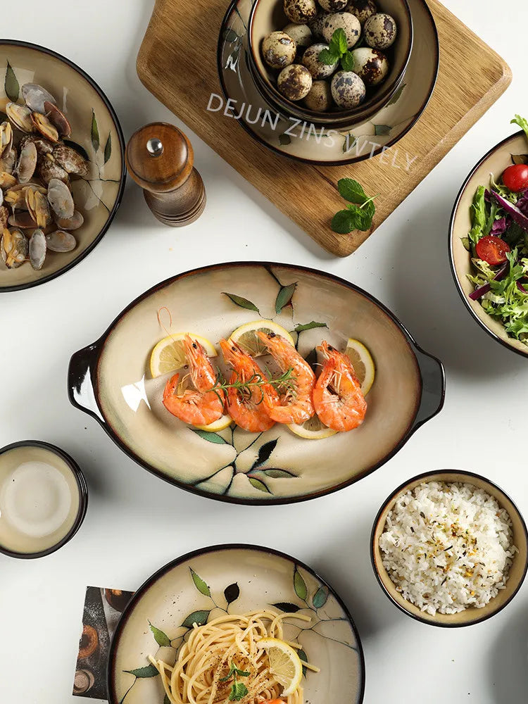 1Pc Vintage Bamboo Leaf Ceramic Bowl Salad Plate Exquisite Ceramic Cutlery Household Noodle Bowl Western Steak Cake Sushi Plate.