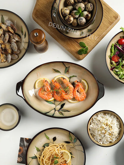 1Pc Vintage Bamboo Leaf Ceramic Bowl Salad Plate Exquisite Ceramic Cutlery Household Noodle Bowl Western Steak Cake Sushi Plate.