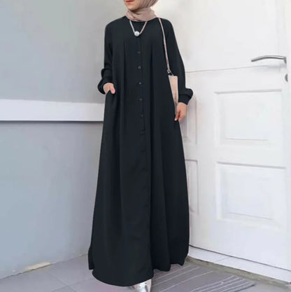 2025Spring Autumn Maxi Long Dress Women Muslim Long Sleeve Dress Loose Casual Dresses Vintage Hijab Islamic Clothing Caftan Robe.