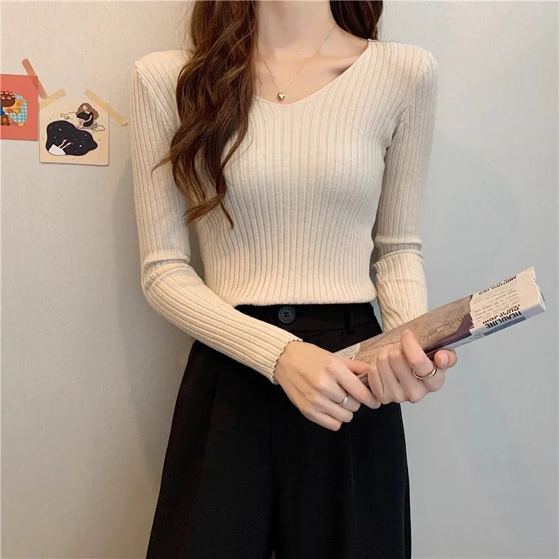 2025 einfarbig Schlank Pullover Koreanische Herbst Winter V-ausschnitt Pullover Mode Lässig Langarm Gestrickte Pullover Frauen Kleidung