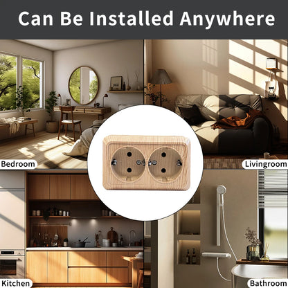 Holzfarbe, Wandoberfläche, 2-Steckdosen, Stecker, EU-Außensteckdosen mit Erdung, Steckdose für den Außenbereich, flammhemmender Kunststoff.