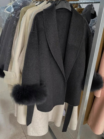 Tossy Fuchspelz-Wollmantel für Damen, kurzer Mantel, Bürodame, eleganter doppelseitiger Wollmantel, 2025, neue Strickjacke, Jacken, lockere Wolle.