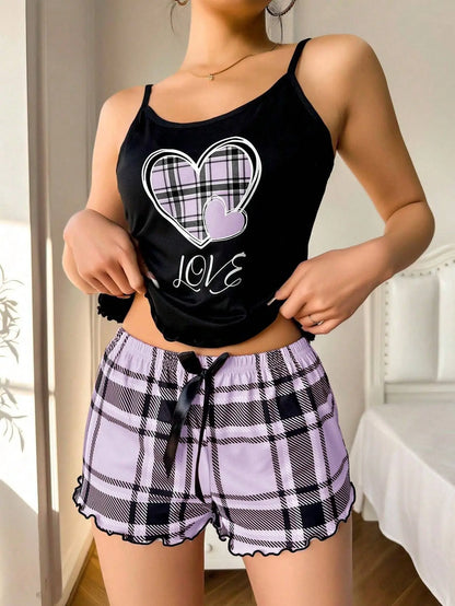 Frauen Sexy Hosenträger Shorts Dünne Pyjamas Brief Drucken Plaid Shorts Große Pyjamas Romantische Hause Tragen Sexy Nachtwäsche Kurze Pyjama