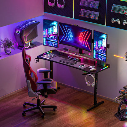 Höhen verstellbarer Gaming-Schreibtisch Stehpult, großer Gaming-Computer-Schreibtisch mit RGB-LED-Leuchten für Spiele und Home Office, schwarz