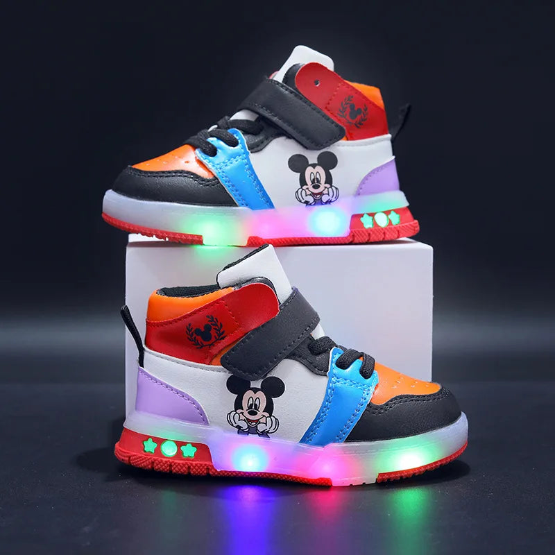 Disney Girls' Causla Shoes PU Leather Mickey Mouse LED Luminescent Children's Sneaker 1-6 Year Old Boys' Sports Casual Shoes