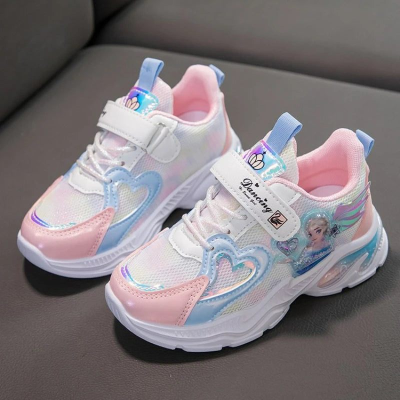Disney Girls' Casual Shoes Frozen Priness Elsa Sneakers Mesh Leather White Breathable Sole Children's Sport Shoes Size 26-37