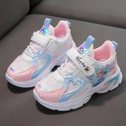 Disney Girls' Casual Shoes Frozen Priness Elsa Sneakers Mesh Leather White Breathable Sole Children's Sport Shoes Size 26-37