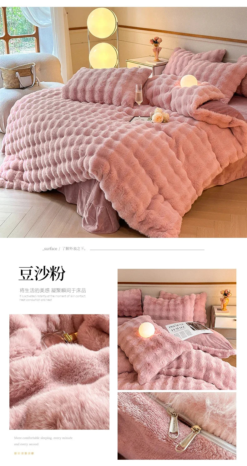 2024 new solid color colorful rabbit wool four-piece set, one side of rabbit fur and one side of milk wool thickened warm.