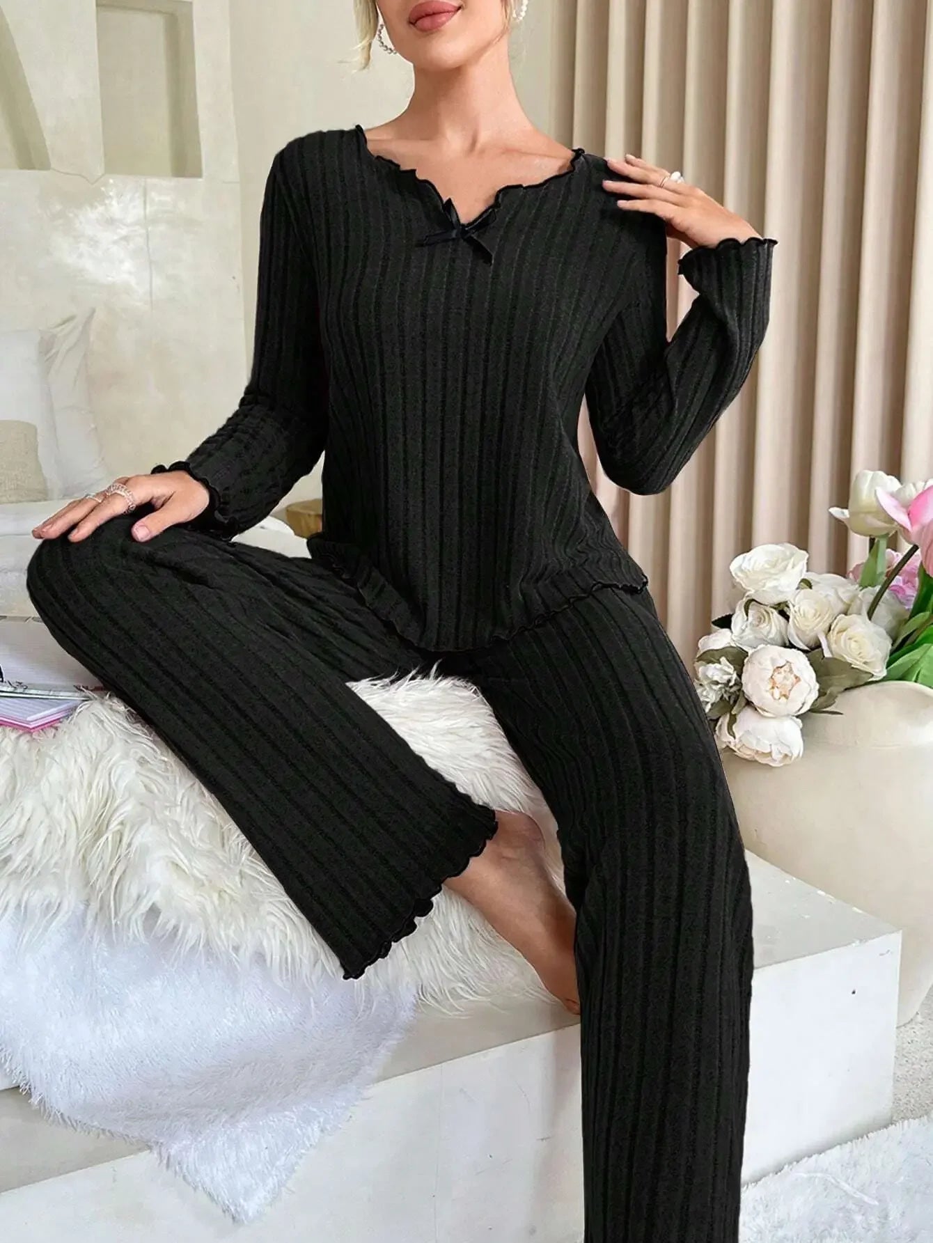 Women Autumn Winter Sleepwear Ribbed Pajamas Set Long Sleeve Top and Long Pants 2 Piece Set Casual Homewear Loungewear.