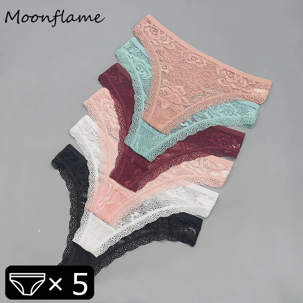 Moonflame 5Pcs Lace Cotton Thongs Underwear Lingerie For Women T-back Ladies Transparent G-string Girls Panties