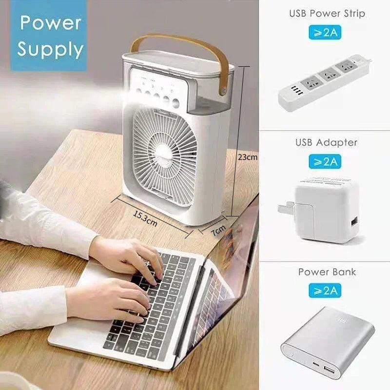 Portable Mini Fan 3 in 1 Cooler Home House LED USB Desk Bedroom Indoor Air Conditioner Humidifier Fans Summer Cool Living Room.