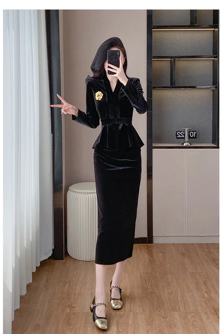 VigoAnne 2025 Solid V Neck Velvet 2 Piece Set Woman Long Sleeve High Waist Skirt Suits Lady Spring Autumn Korean Long Dress Suit.