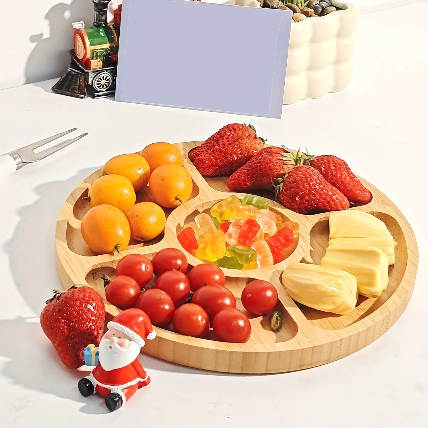 Wooden Divided Serving Trays Appetizer Tray 5 Dining Grids Snacks Bowls Round Serving Tray Serving Dishes Perfect for Parties.