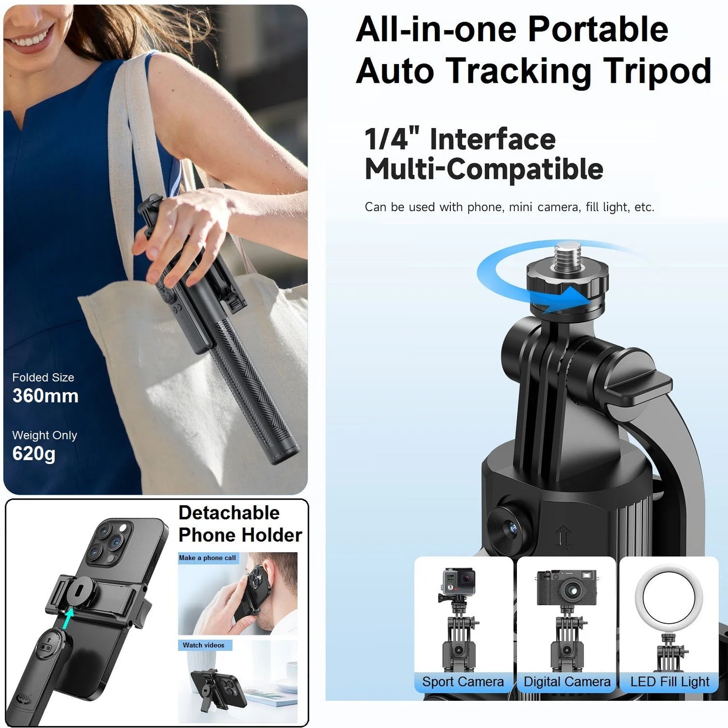 Auto Face Tracking Selfie Stick Tripod 360° Rotation for iPhone Camera 64" Extendable Auto Tracking Phone Holder Motion Tripod.