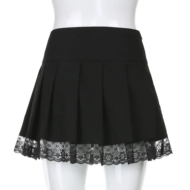Girl Retro Pleated Skirt Lace Up High Waist Plaid Mesh Stitching Hem Y2K Aesthetic Gothic Black Mini Skirts Bodycon.