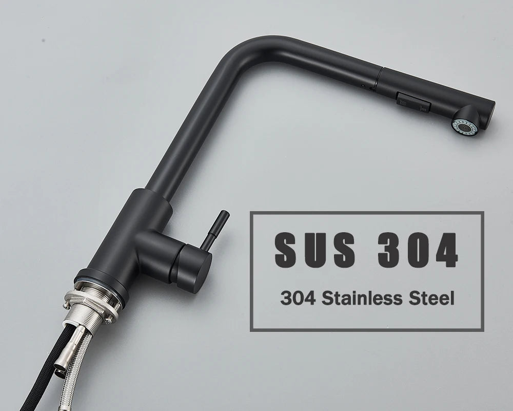Black Flexible Pull Out Kitchen Faucet Stainless Steel 2 Modes Nozzle Faucets 360 Degree Rotating Hot Cold Water Sink Mixer Tap