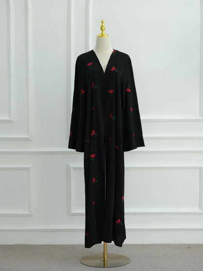 Women Middle East Arabic Dubai Abaya Luxury Rose embroidery Kimono Cardigan Long Dress Modest Robe Femme Islam Clothing Kebaya.