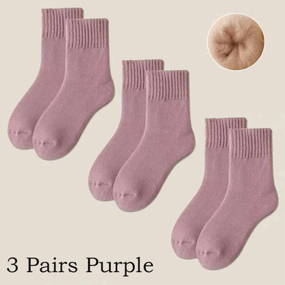 3 Pairs Wool Socks Women Winter Warm Thicken Snow Boot Markron Color Plush Hairy Soft Mid Tube Stockings Floor Sleep Socks White
