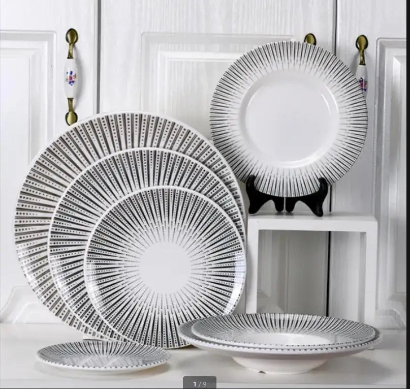 Melamine Tableware Set Round Dinner Plate Western Steak Plates Serving Fruit Salad Bowl Dessert Snack Tray.