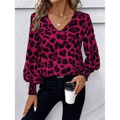 Mia Muse Women's Blouses Autumn Winter Simple Fitting Slim Leopard Long Sleeve V-Neck High Street Blouses.