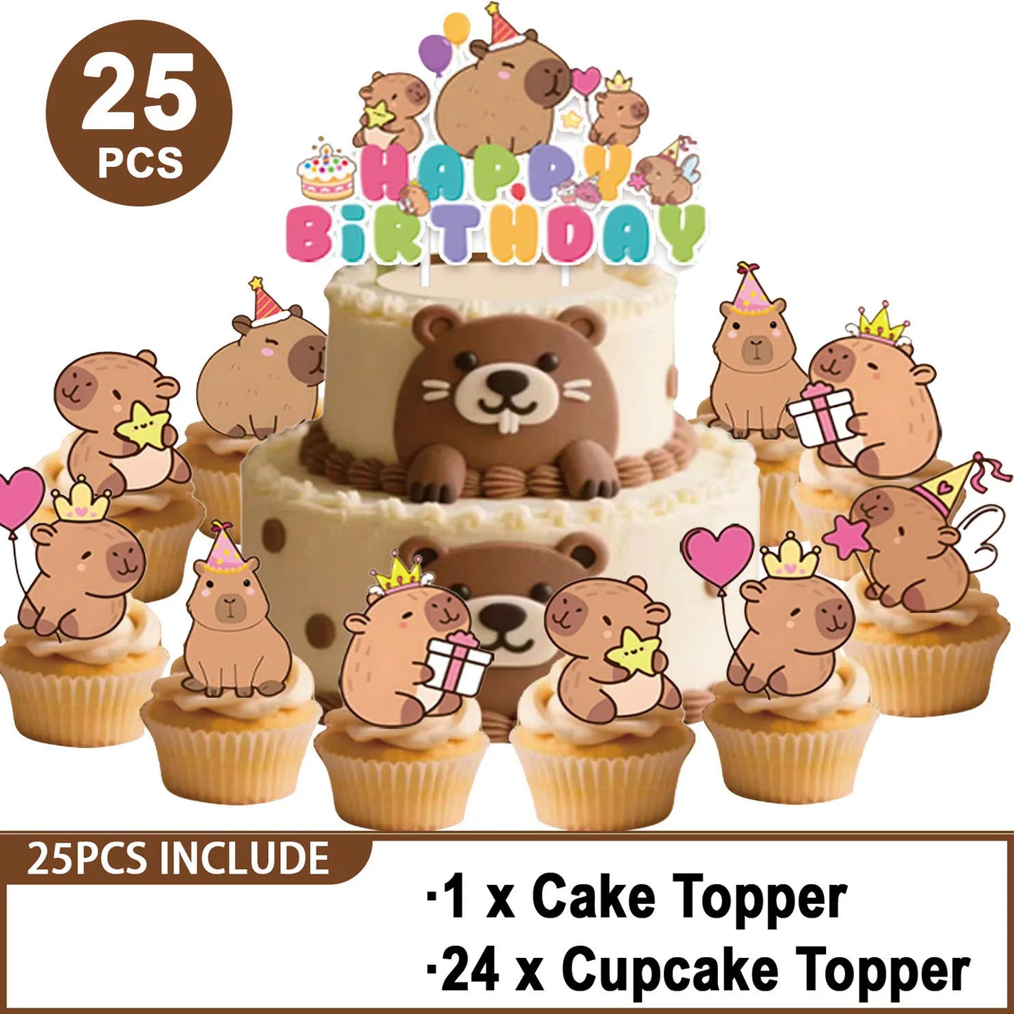 Capybara-Kuchenaufsatz, niedliche Tier-Cupcake-Dekorationen für Kinder, alles Gute zum Geburtstag, Partyzubehör, Capybara-Mottoparty-Dekorationen.