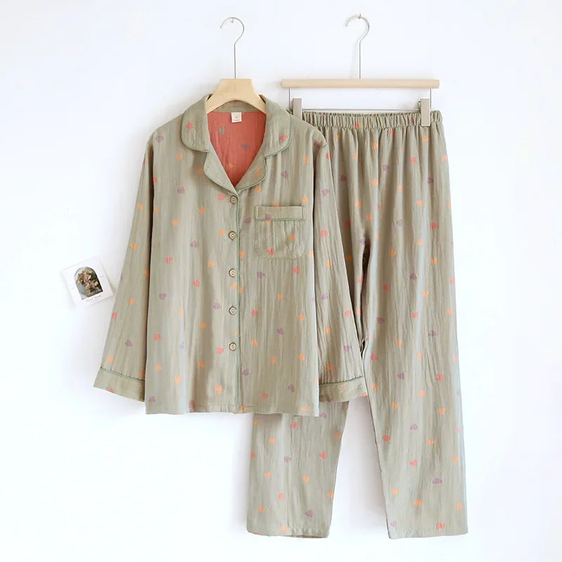 100% Cotton Crepe Homeclothes 2023 Autumn/Winter Women's Pajamas Suit Long-Sleeved Trousers 2-piece Yarn-Dyed Jacquard Pajamas.