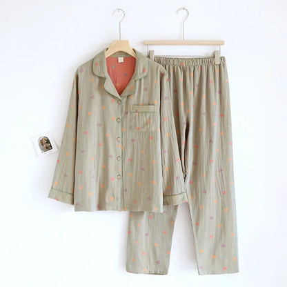 100% Cotton Crepe Homeclothes 2023 Autumn/Winter Women's Pajamas Suit Long-Sleeved Trousers 2-piece Yarn-Dyed Jacquard Pajamas.