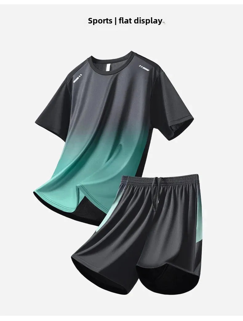 Men's Fitness Ice Silk Sports Suit Short Sleeve Training Room Basketball Morning Run Summer Outfit Shorts And T-shirt Set.