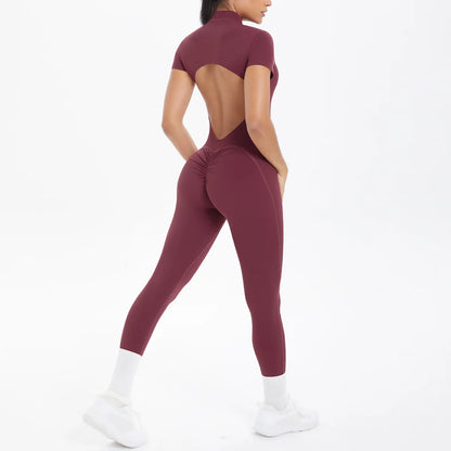 New Women's Yoga Jumpsuit Front Zipper Tight Back Hollow Out Short Sleeve-pants Activewear for Fitness Running Gym Workout