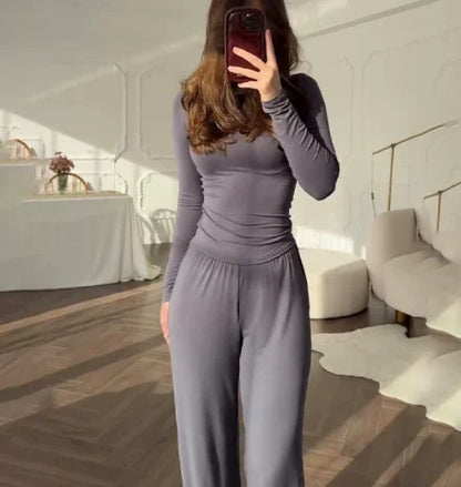 Solid Color Top Women Set Slim Fit Long Sleeved O-neck Top Pleated Straight Pocket Pants 2025 Spring/summer Vacation Women's Set.