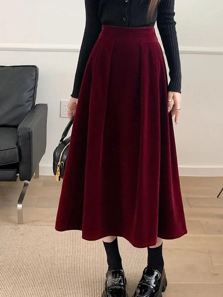 Autumn Winter Warm Vintage Red Elegant Velvet A-line Skirt For Women 2023 High Waist Casual Black Party Pleated Big Swing Skirts.