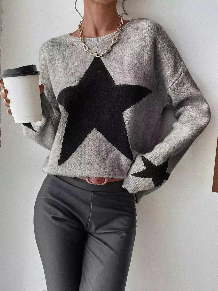 Stern Pullover Pullover Frauen Herbst Frühling Einfache Strick Elastische Pullover Jumper Casual Dicke Warme Schwarz Weiß Grundlegendes Jumper.